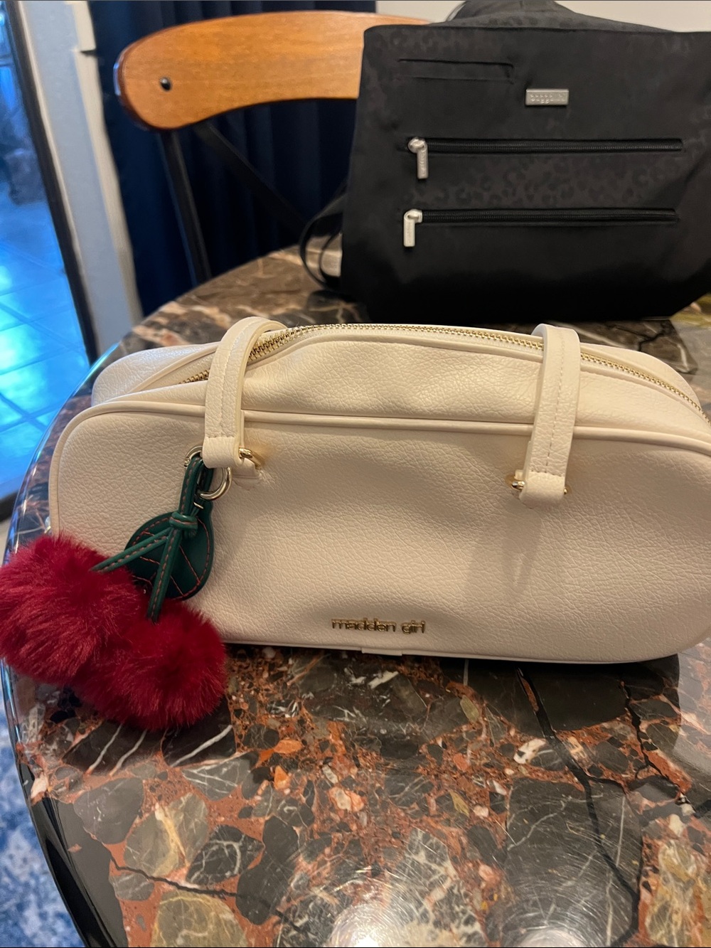 Madden Girl Cream Mini Barrel Satchel with Red Pom Charm
